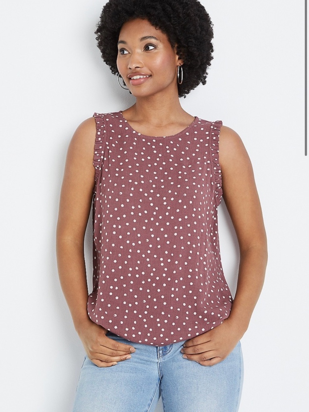 Maurices Mauve Polka Dot Ruffle-Trim Sleeveless Top